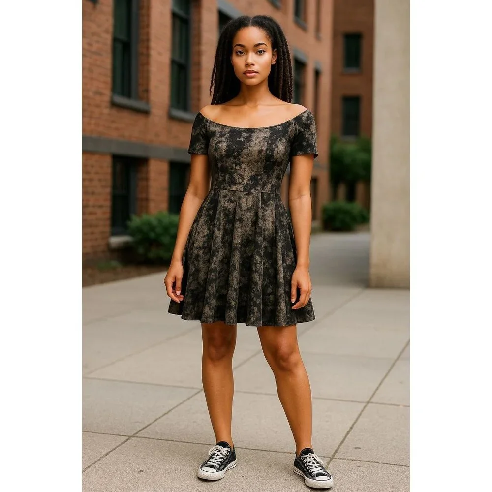 Hunter Bell Metallic Marble Mini Skater Dress Black Silver Gold XS